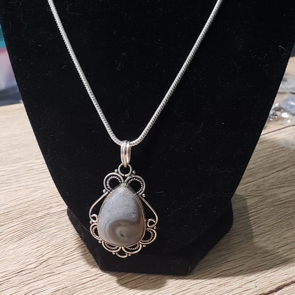 Men's Multi Color Botswana Agate Silver Necklace - Picture 4 of 10